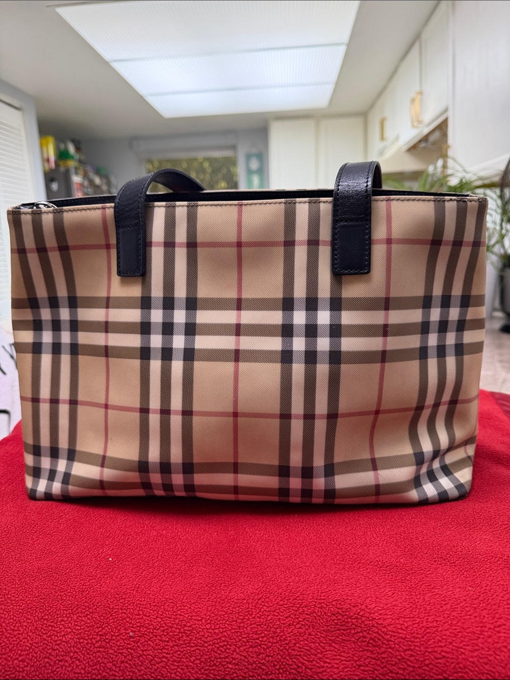 Burberry Beige Check Tote with Black Leather Handles - Picture 1 of 6